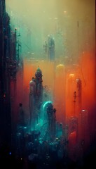 Neon deep under water100 abysses 80 rainbowcore 95 caustic 90 blooming 85 glowing with electric haze 80 phosphorescent fog 80 high detail 100 octane redshift Lumion render 8k 90 hyper detailed 