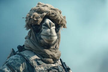 Portrait of camel in military uniform. AI generative art