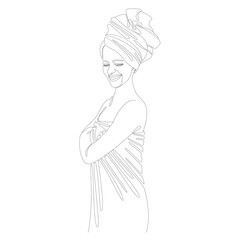Silhouettes of a girl in a modern continuous line style. Lady after a shower with a towel on her head. Outline for home decor, posters, wall art, stickers, logo. Vector illustration.