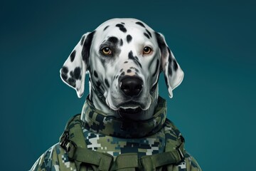 Portrait of dalmatian dog in military uniform. AI generative art