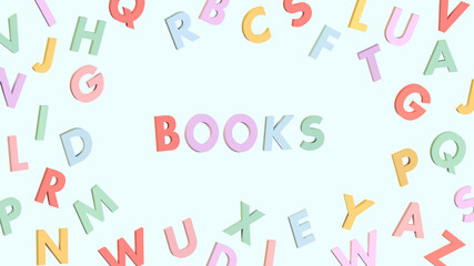 colorful English letters on baby blue background, word books 