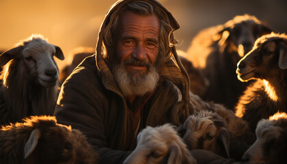 Agriculture farm  livestock herding, farmer smiling, nature large group grazing generated by AI