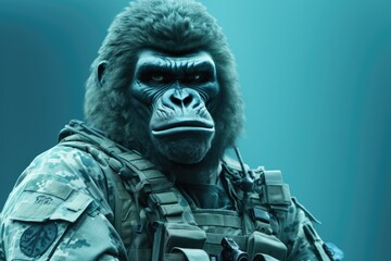 Portrait of gorilla in military uniform. AI generative art