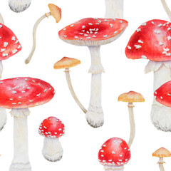 Watercolor seamless pattern of red fly agaric and galerina marginata. Poisonous mushrooms. Hand drawn botanical realistic forest illustration for packing gifts, paper, background, textile