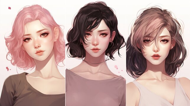 three anime girls on a light background, in the style of soft pastel portraits. Different hair colors, sensual facesþ.hentai style