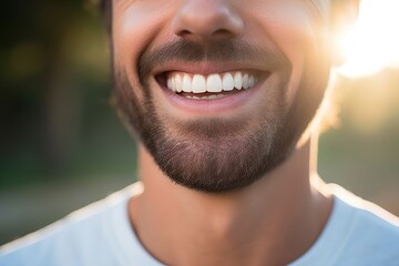 A beautiful man smiling. Close-up on his perfectly healthy teeth.