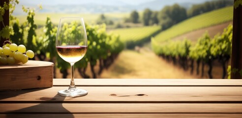 Copy space to showcase or montage your products, use this empty wooden tabletop with a glass of wine against a blurred vineyard landscape background. Concept of an agricultural winery and wine tasting