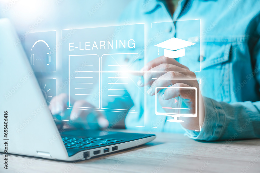 Poster Concept of Online education. man use Online education training and e-learning webinar on internet for personal development and professional qualifications. Digital courses to develop new skills..