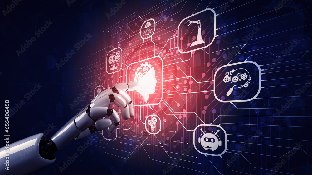 Poster 3d rendering artificial intelligence ai research of robot and cyborg development for future of peopl