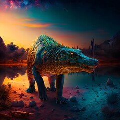 metalic crocodile panther in a fantasy landscape atmospheric lighting warm colors vibrant Psychedelic art sharp focus epic creative atmospheric fashion photography 