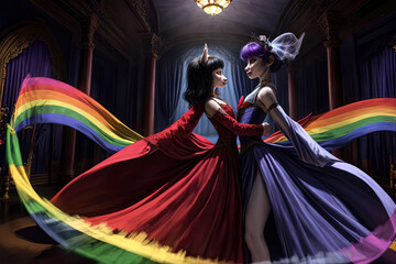 In a rainbow colors spectral ballroom beneath the haunted mansion, a ghostly ballerina sways to the otherworldly music, with her partner, a phantom, by her side on Halloween night illustration