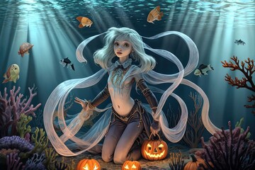 An enigmatic jellyfish, adorned with bioluminescent Halloween decorations, illuminates the depths of an underwater Halloween party in a coral reef illustration