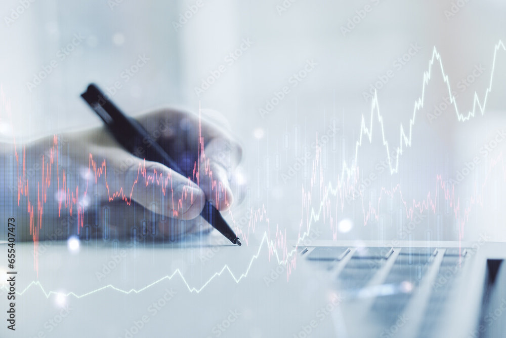 Poster multi exposure of abstract financial graph with hand writing in notebook on background, financial an