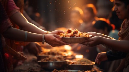 Close up of woman hands sharing food to underprivileged people as a charity during Diwali