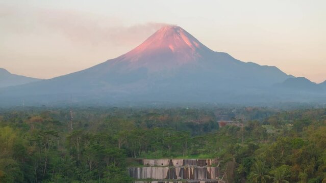 Merapi volcano at sunset, 4K aerial hyperlapse