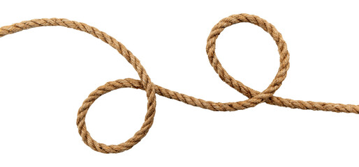 Rope made of jute in loops and knots on a white background. Linen twisted rope isolate
