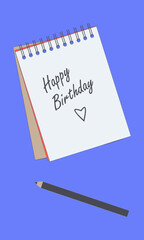 Minimalist birthday card with a blue background featuring an open notebook, 'Happy Birthday' in pencil, a heart, and original handwritten black font. Includes a pencil beside the notepad