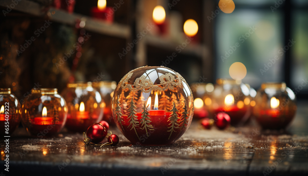 Canvas Prints candlelight illuminates winter celebration, glowing ornament adorns rustic table generated by ai