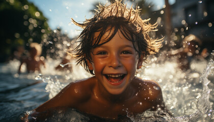 Fototapeta premium Smiling child splashing in water, enjoying carefree summer vacations generated by AI