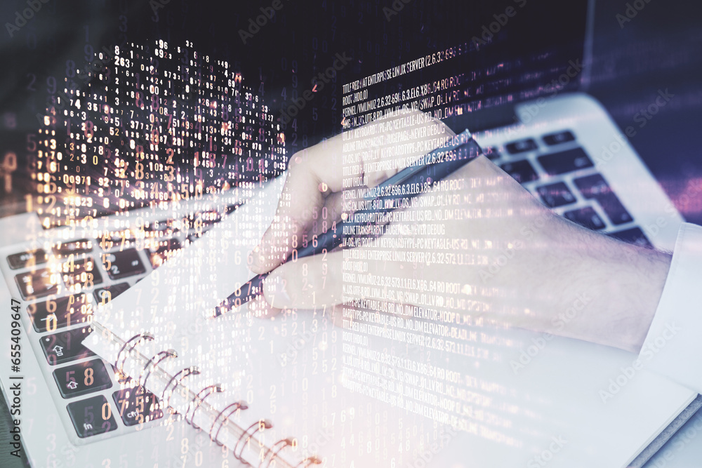 Aufkleber Double exposure of creative code skull hologram and hand writing in notebook on background with laptop. Malware and cyber crime concept