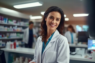 Fototapeta premium Proffesional handsome and pretty pharmacist portrait at pharmacy work with pills. Generative Ai.