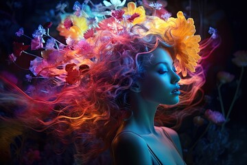 Mysterious woman in soft colorful floral light