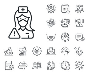 Doctor assistant sign. Online doctor, patient and medicine outline icons. Nurse with medical mask line icon. Face protection symbol. Nurse line sign. Veins, nerves and cosmetic procedure icon. Vector