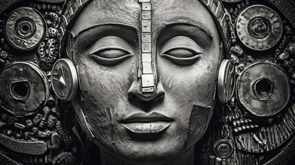 Close-up of the sculpted face of an ancient spiritual deity. Phantasmagoric relief portrait of a fantastic god. Illustration for cover, card, interior design, poster, cover, brochure or presentation. - obrazy, fototapety, plakaty