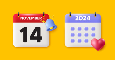 Calendar date 3d icon. 14th day of the month icon. Event schedule date. Meeting appointment time. 14th day of November month. Calendar event reminder date. Vector