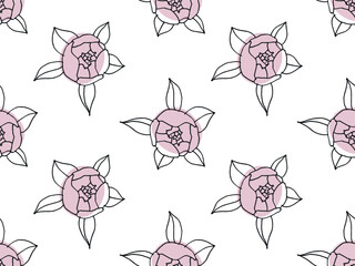Seamless pattern with pink flowers. Hand drawn peonies in pastel colors. Trendy linear style Vector illustration for wallpaper, textile, packaging, digital paper. Repeated Minimal natural wall art.