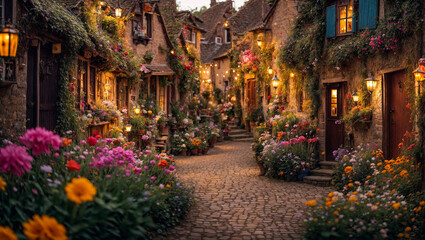 Fototapeta na wymiar Cute village street, houses, flowers, summer