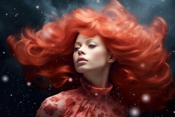 Portrait of a beautiful redhead woman with abstract hairstyle. 