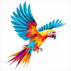 Colorful feathers on the back of parrot. Scarlet macaw bird on white background. Blue, yellow, red, purple colors fantasy bird 