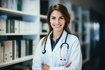 A young female doctor in a white coat and with a stethoscope stands with crossed arms, smiles and looks at the camera