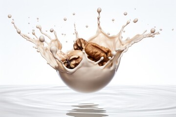 A floating open and close walnut surrounded by white milk, healthy food. Generative Ai.