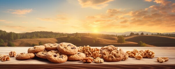 Cookies with walnuts on wooden table, healthy food concept panorama. Generative Ai.