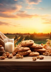 Fototapeta na wymiar Cookies with walnuts on wooden table, healthy food concept. Generative Ai.