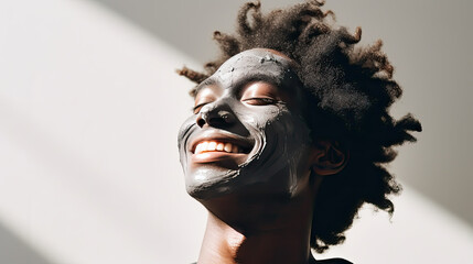 man with his face turned towards the natural light of the sun, does a facial treatment with a charcoal mask smiling man taking time for yourself, afro style haircut