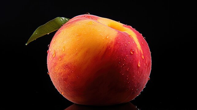 Mouth-watering delicious peach fruit. Isolated black background. Generative AI