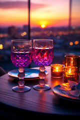Purple glasses and candles against the backdrop of the city at sunset. A date for two. Meeting at the rooftop restaurant. Restaurant overlooking the city center. Romantic setting.