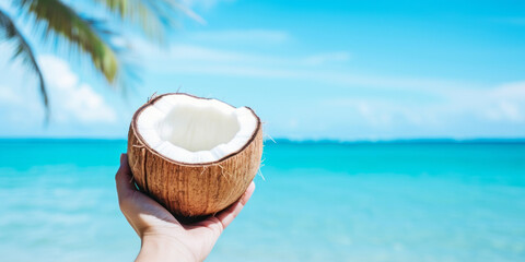 Fototapeta na wymiar Coconut in hand on the background of the blue sea. Banner