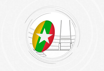 Myanmar flag on rugby ball, lined circle rugby icon with ball in a crowded stadium.