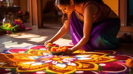 Beautiful woman carefully making rangoli at the entrances of the house from the petals
