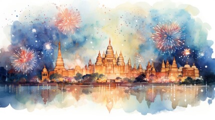 Fototapeta na wymiar Fireworks on the night sky for the Diwali celebration. Watercolor illustration on the white paper