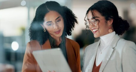 Business woman, tablet and teamwork in office, planning strategy and design review in business meeting, workplace or job. Corporate, teamwork and smile for startup profit, client increase and success