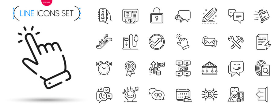 Pack of Dots message, Delivery and Bitcoin atm line icons. Include Refresh mail, Alarm clock, Info app pictogram icons. Inventory cart, Online voting, Inspect signs. Bitcoin system. Vector