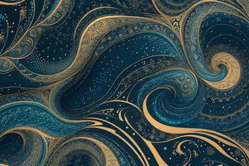 Deurstickers Fluid Harmony, Seamless Starry Night and Aesthetic Waves © valenia