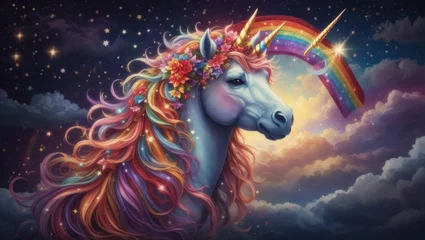 Fotobehang Unicorn with rainbow hair and background on Christmas night © Resonant Visions
