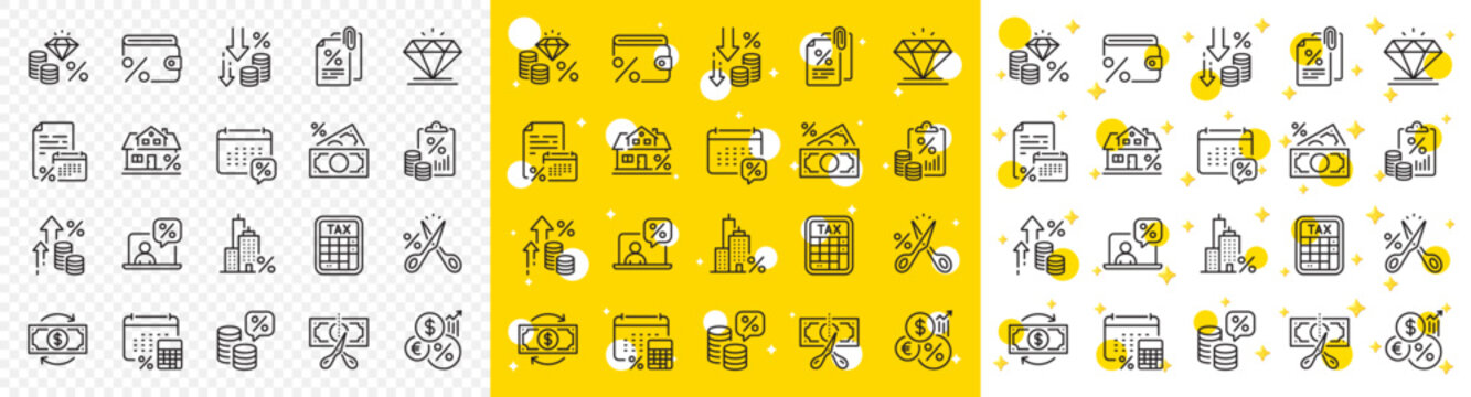 Mortgage rate, Money credit and finance payroll set. Tax line icons. Increase percent rate, return overpayment money, tax amount line icons. Jewel value, cut finance and tax evasion. Vector