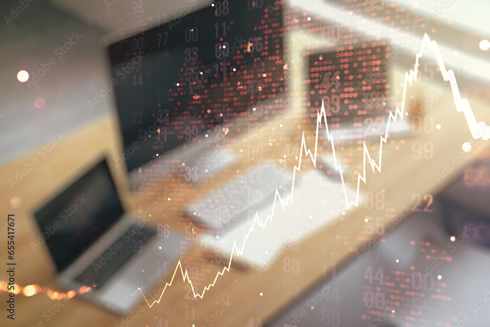Aufkleber double exposure of abstract creative financial diagram with world map and modern desk with computer 